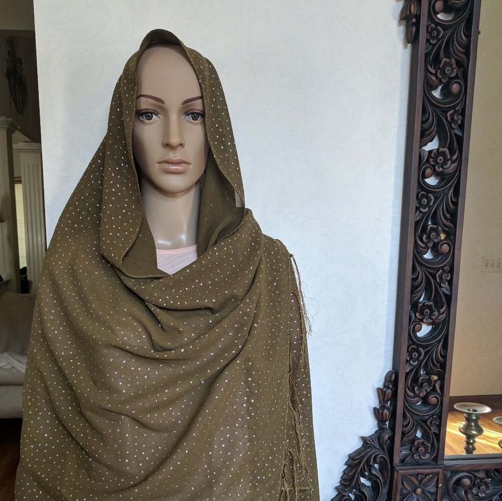 Olive green sparkle wrap scarf with fringe